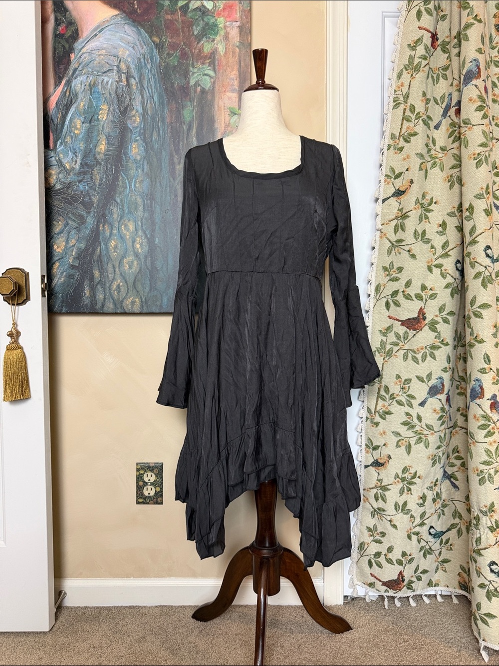 Whimsigoth Joyfolie Timberley Dress Mia Joy Black Bell Sleeve Draped Hem Boho S